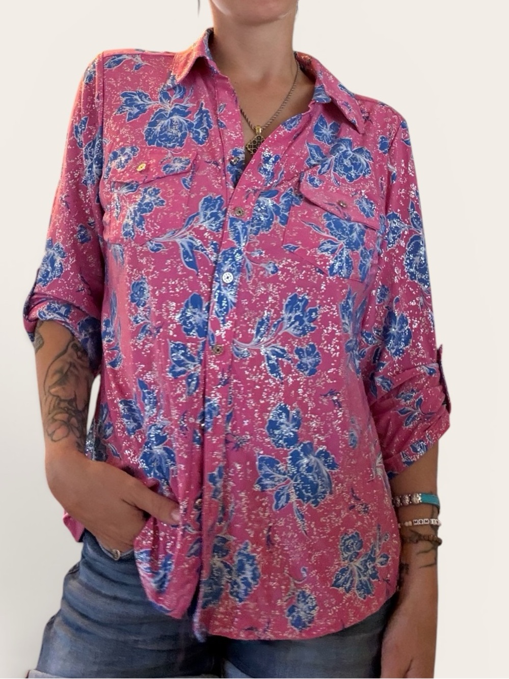 Women’s Floral Button-Down Shirt in Pink with Blue Print